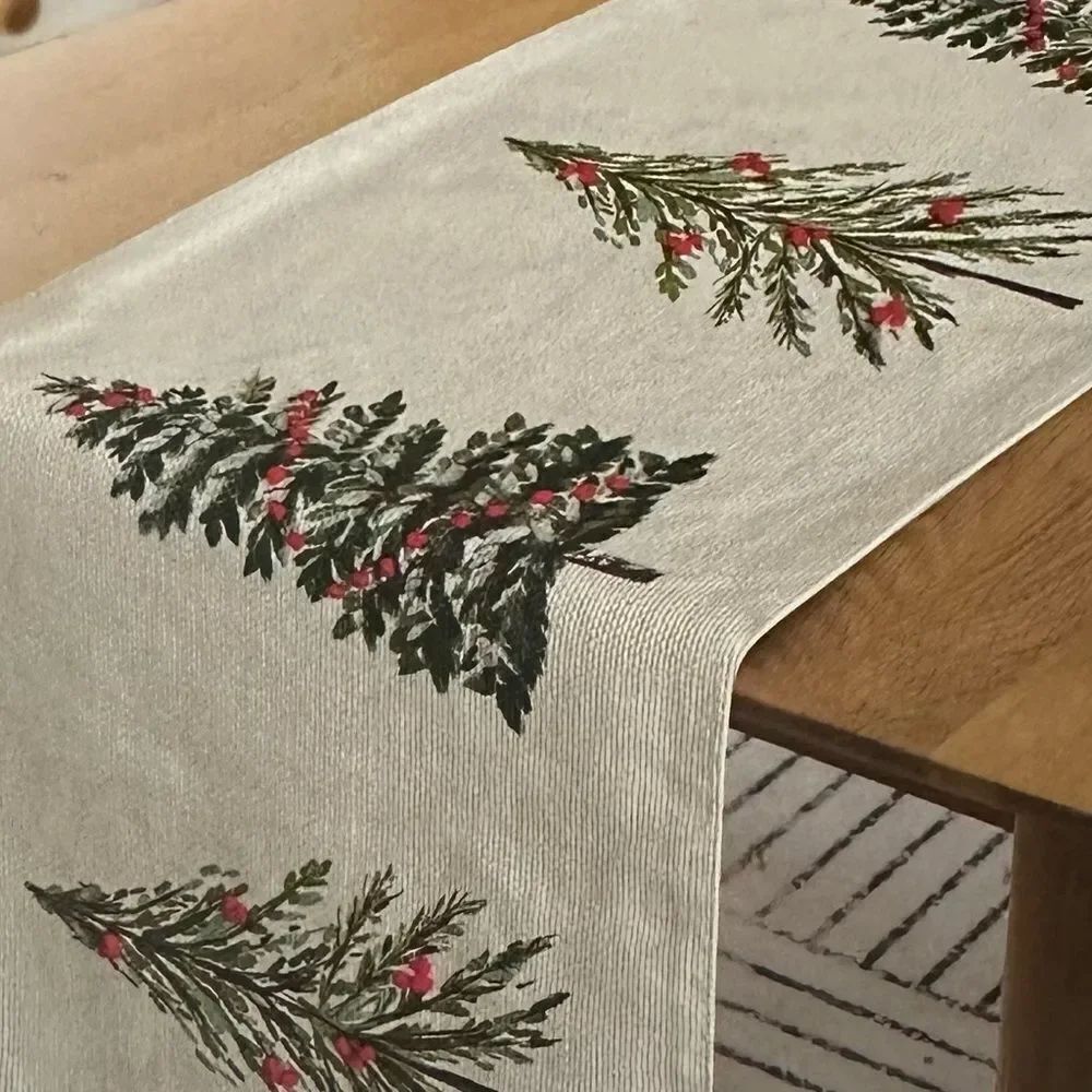 tinsel & fir White Green Red Embroidered Christmas Tree Print Table Runner